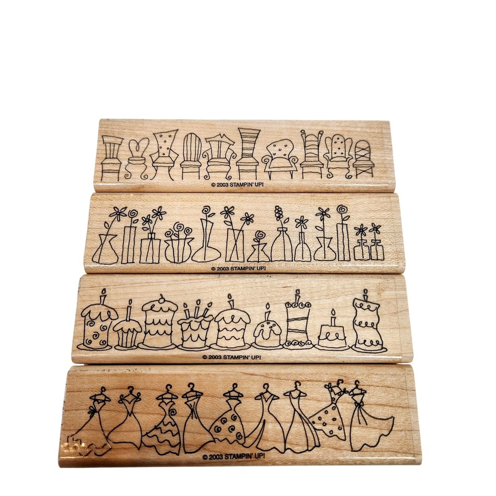 Vtg STAMPIN' UP! Border Wood Stamp Set 4pc 2003 Chair Cakes Vases Dresses Rubber